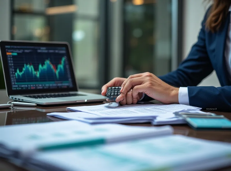 A person reviewing financial documents and using a calculator, with a laptop displaying stock market data in the background.