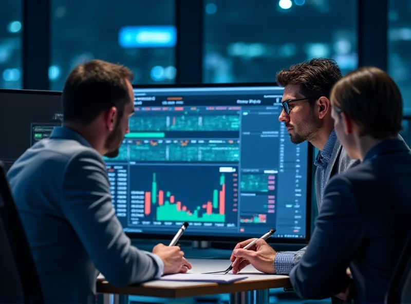 People analyzing stock market data on a computer screen.