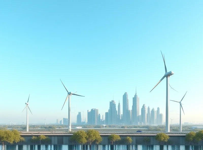 Modern, sustainable infrastructure project featuring wind turbines and a smart city skyline.