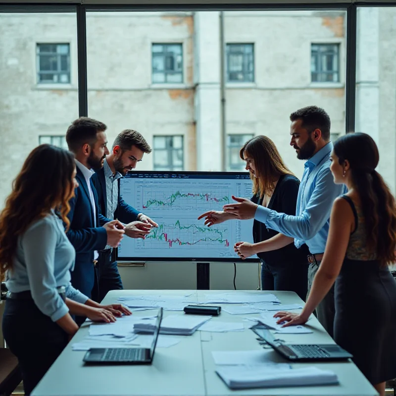 A diverse group of people analyzing financial data and charts in a modern office setting.