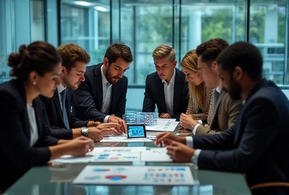 A diverse group of business people discussing investments in a modern office setting.