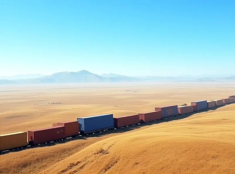 A long freight train moving across a vast landscape, symbolizing transportation and logistics.