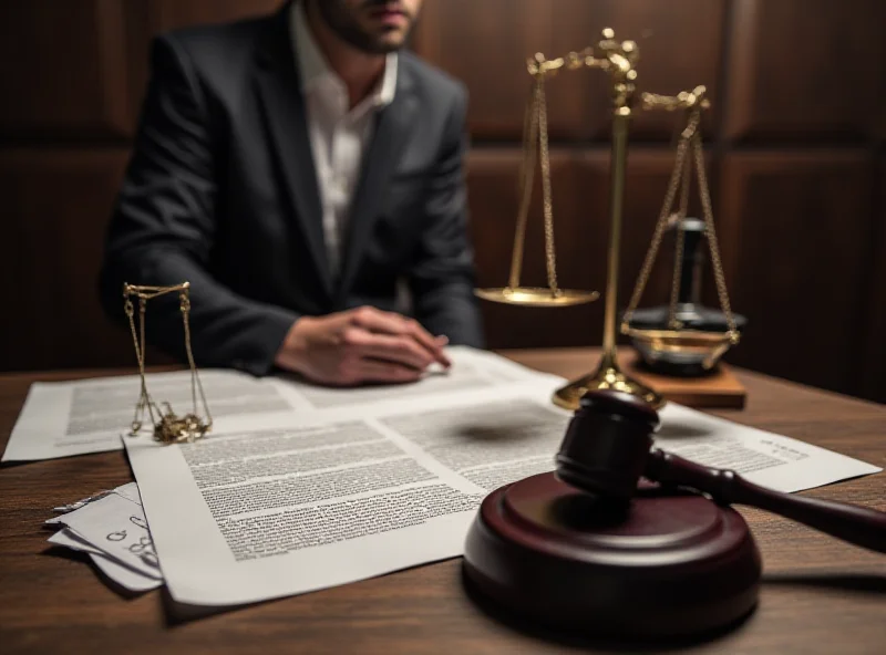 A courtroom scene with an emphasis on legal documents and the scales of justice.