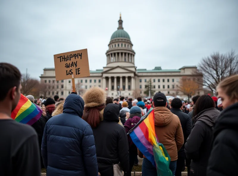 Protestors holding signs in support of transgender rights outside the Iowa State Capitol building. A diverse group of people are shown, some holding rainbow flags.