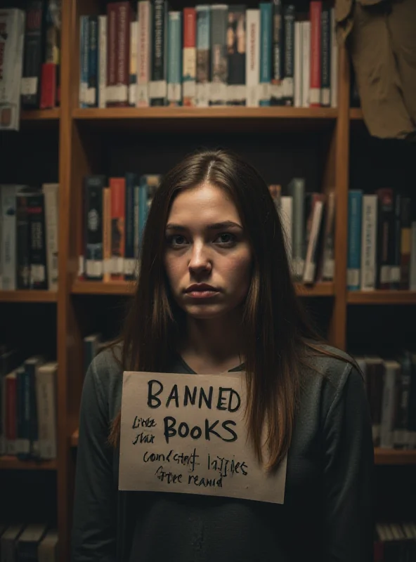 A young woman stands in front of a bookshelf in a library, looking concerned and thoughtful. The bookshelf is partially obscured by a 'Banned Books' sign.