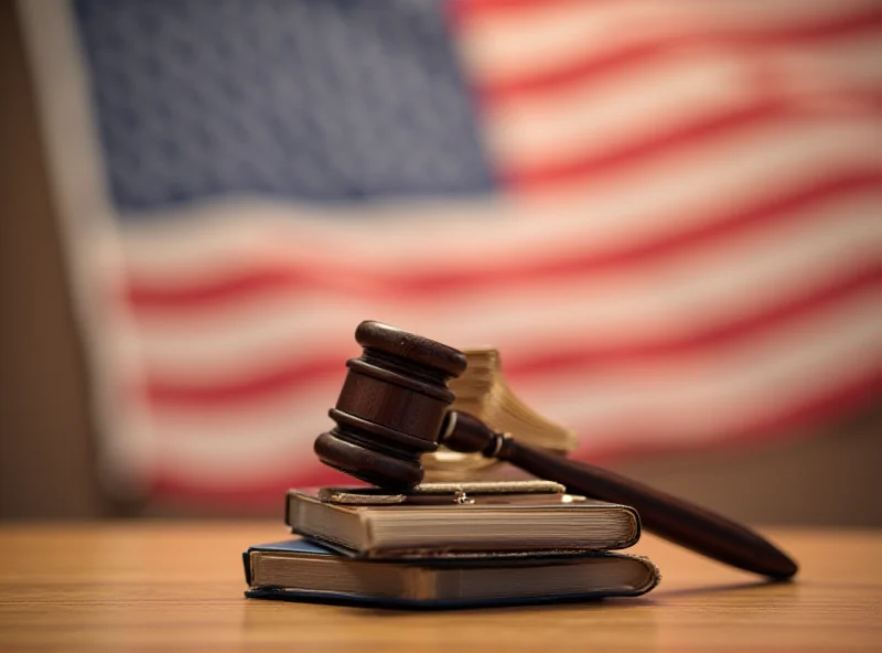 A gavel resting on a stack of law books, with the United States flag blurred in the background. The scene is lit with a solemn and respectful tone.