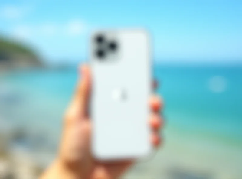 Hand holding iPhone 16e with ocean backdrop