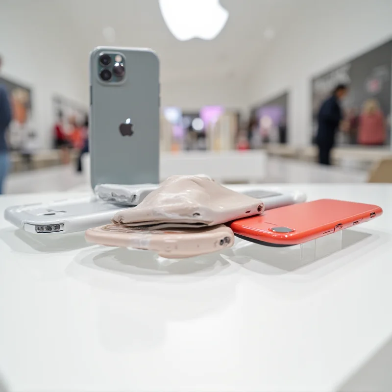 Close up of various iPhone models on display in an Apple Store.