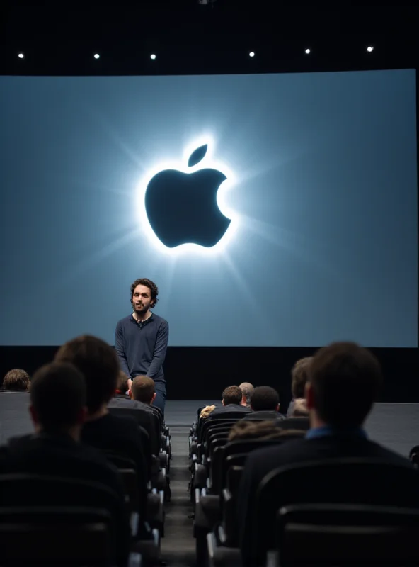 Jony Ive speaking at a conference, with a large screen displaying the Apple logo in the background. He appears thoughtful and reflective.