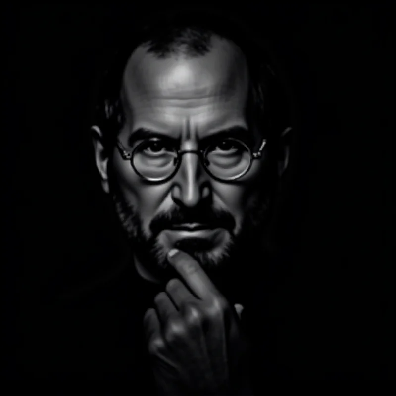 A black and white portrait of Steve Jobs, looking thoughtful and determined.