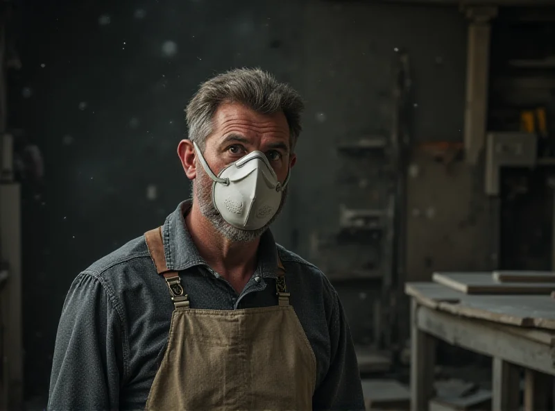 Worried stonemason in a workshop filled with dust