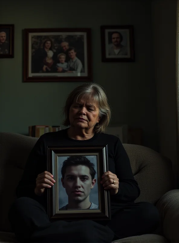 A grieving mother looking at a photo of her teenage son