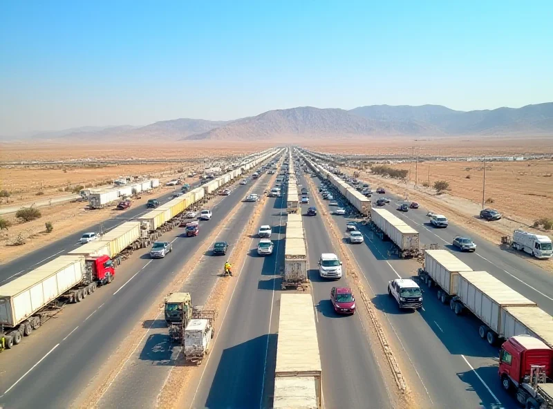 Aerial view of a bustling customs checkpoint in Kurdistan Province, Iran, with trucks and shipping containers visible.