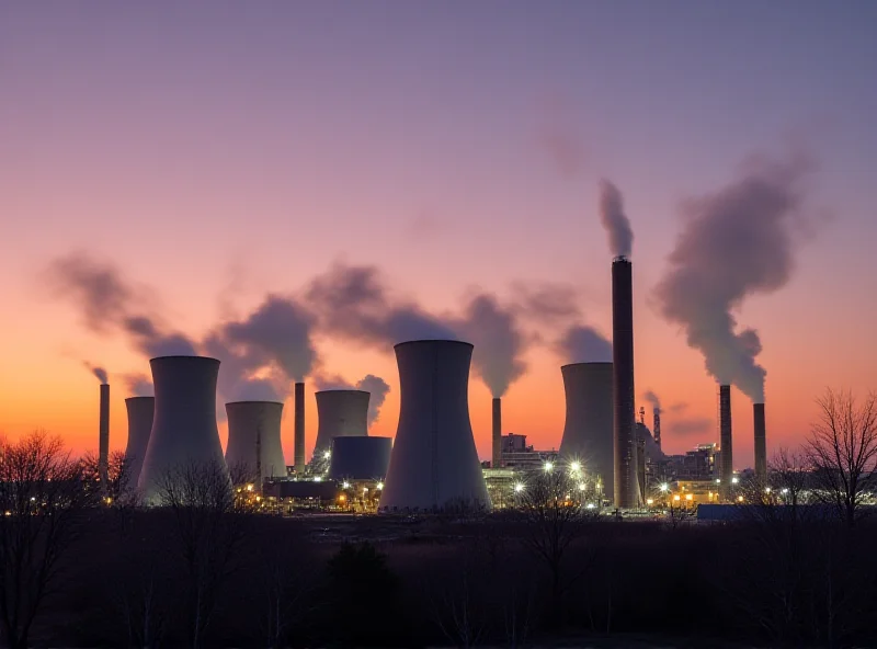 A wide shot of a thermal power plant at dusk, with steam rising from the cooling towers and lights illuminating the facility.