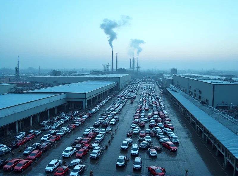 An aerial view of a large automotive factory with rows of assembled cars