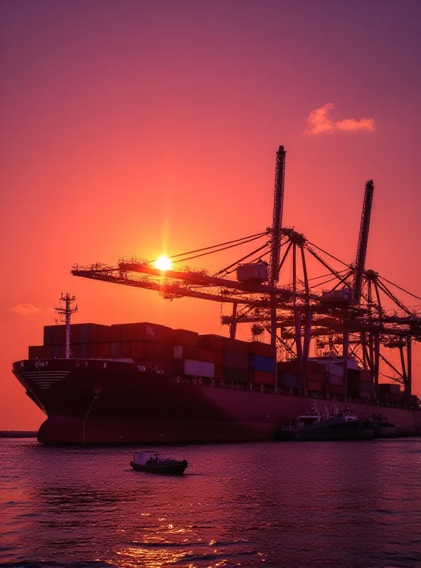 Containers being loaded onto a cargo ship at a busy port during sunset.