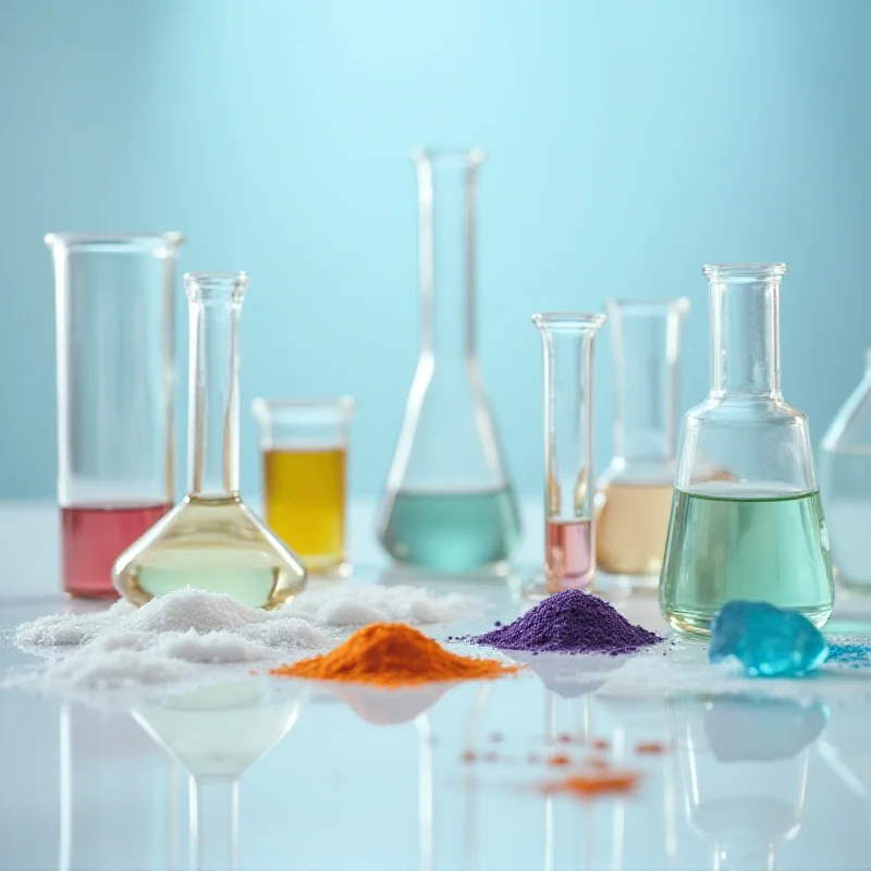 A close-up shot of various petrochemical products in a laboratory setting, highlighting their textures and colors.