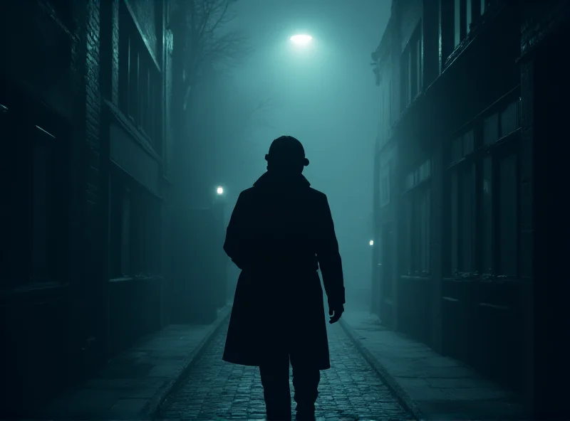 A digital illustration of a silhouette of a person in a trench coat walking down a foggy London street, representing espionage and security threats.