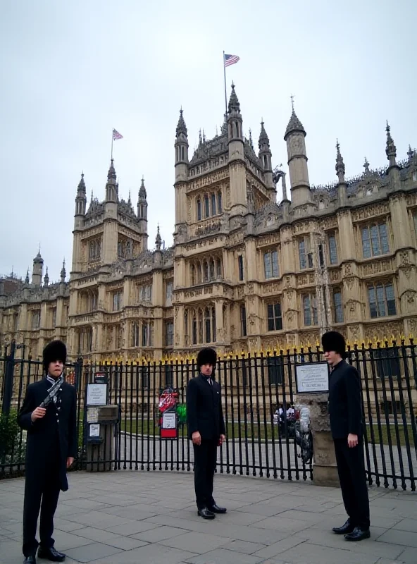 A photo of the British Parliament with a focus on security measures.