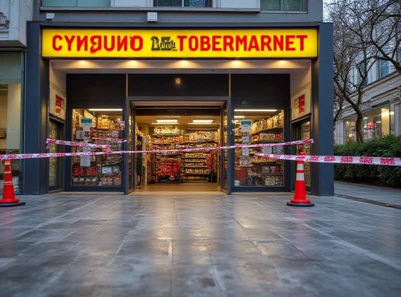 Exterior of a supermarket in Antwerp, Belgium, with police tape sealing the entrance, symbolizing the crackdown on financial crimes.