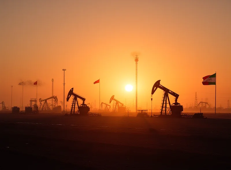 A wide shot of an oil field at sunset, showing oil derricks and pipelines, with the flags of Iran and Iraq subtly placed in the background.