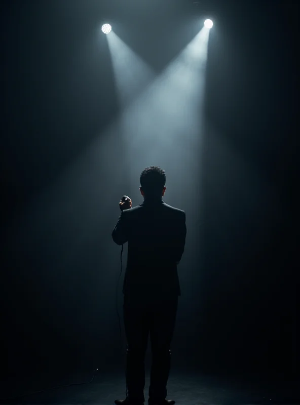 A lone figure standing on a stage, bathed in a single spotlight, holding a microphone and singing with passion. The background is dark and blurred, suggesting a large audience. The figure is dressed in modern clothing, but the scene evokes a sense of defiance and rebellion.