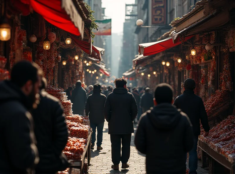 A crowded market scene in Tehran, Iran, showing people buying and selling goods, symbolizing the economic challenges and inflation the country is facing.