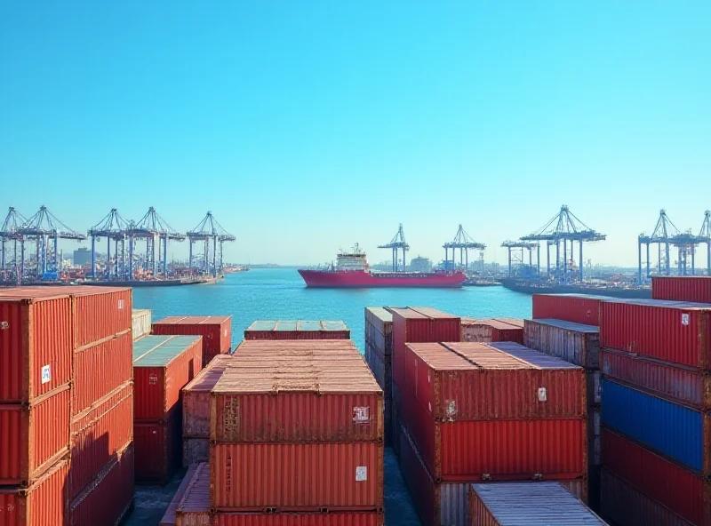 Cargo containers at a busy Iranian port, with ships visible in the background.