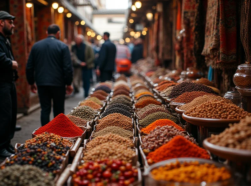 A bustling marketplace in East Azerbaijan, with vendors selling various non-oil export goods like carpets and handicrafts.