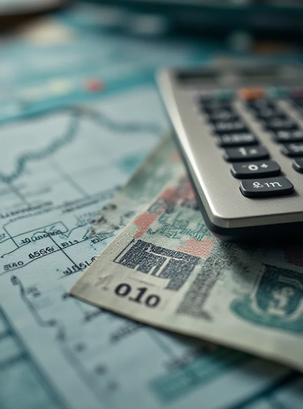 Close-up of Iranian currency, with a calculator and a graph in the background, symbolizing financial calculations and economic trends.