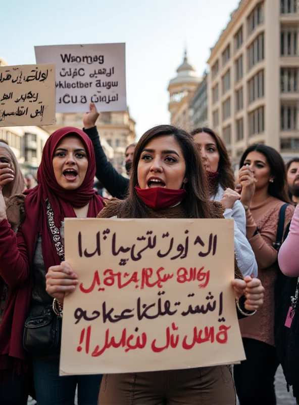 A group of women protesting with signs advocating for women's rights and an end to domestic violence in a city square.