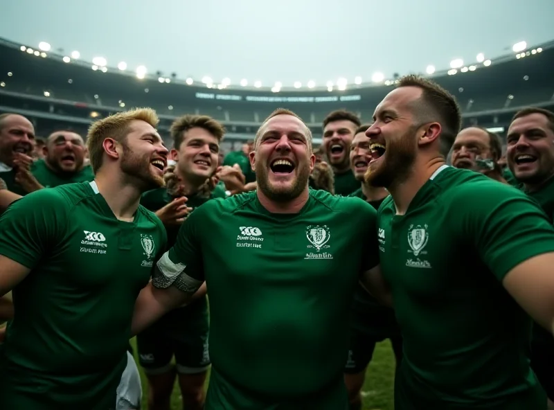 Irish rugby team celebrating a victory on the field.