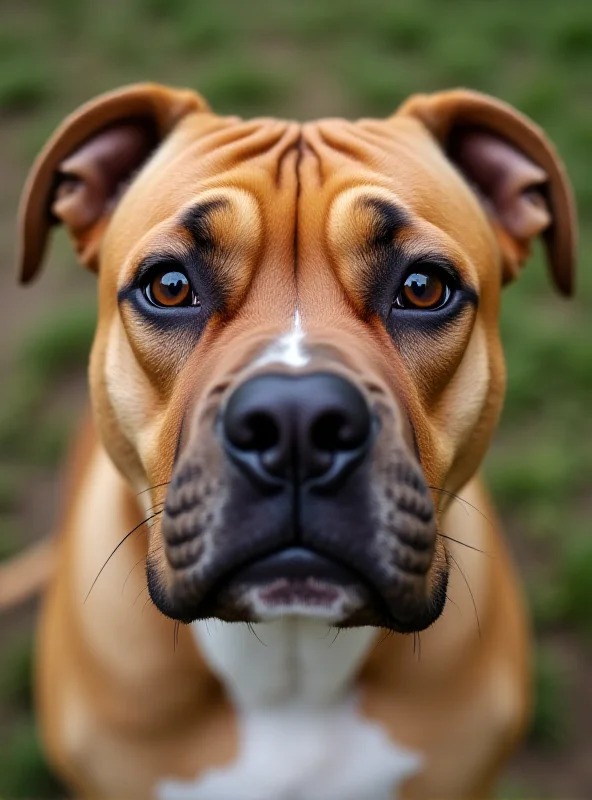 Close-up portrait of an American Bully dog with pleading eyes