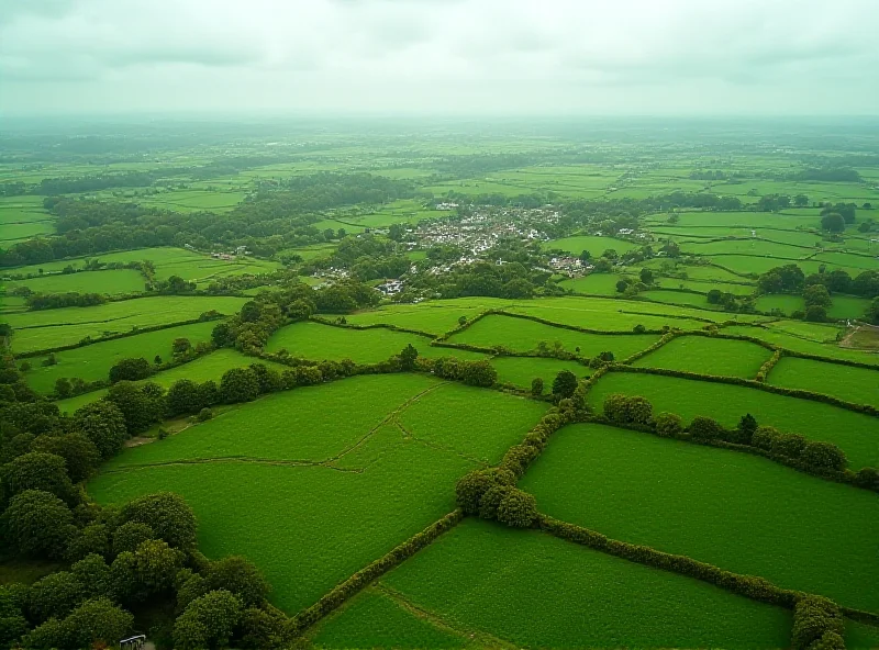 Aerial view of a green, rolling Irish landscape with a small village in the distance