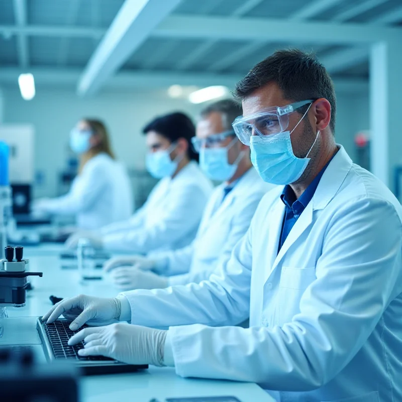 A group of medical professionals in a lab, working on medtech equipment