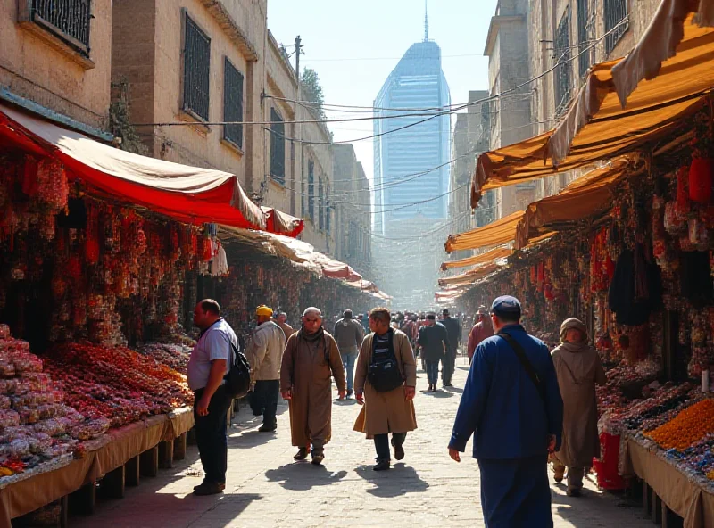 Illustration of a marketplace with various products on display, emphasizing commerce and trade in Iran.