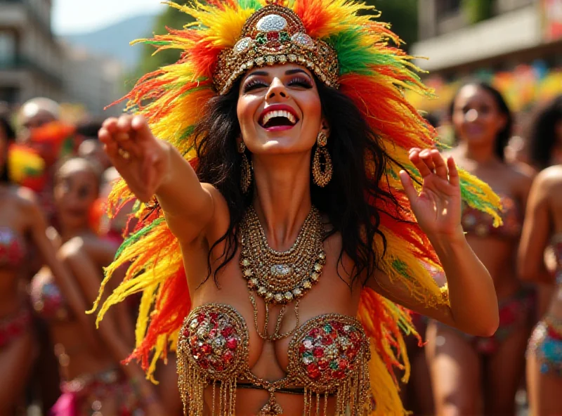 Irina Shayk in a vibrant Carnival costume, smiling and dancing.