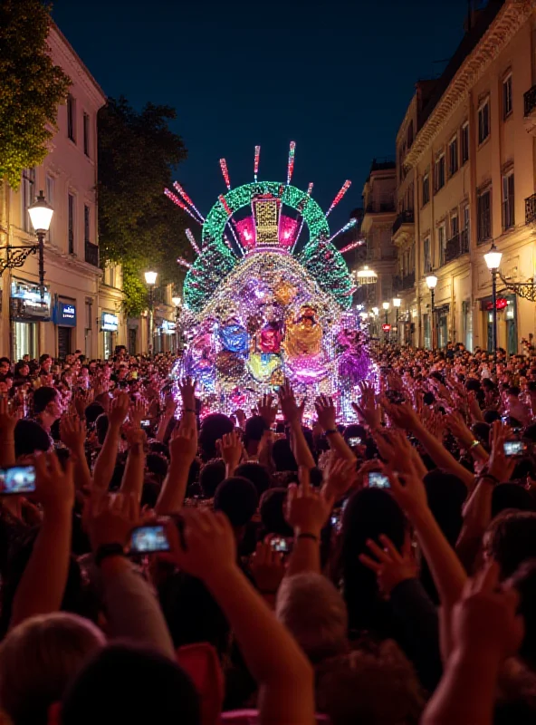 Crowd cheering at the Rio Carnival, with colorful costumes and floats.