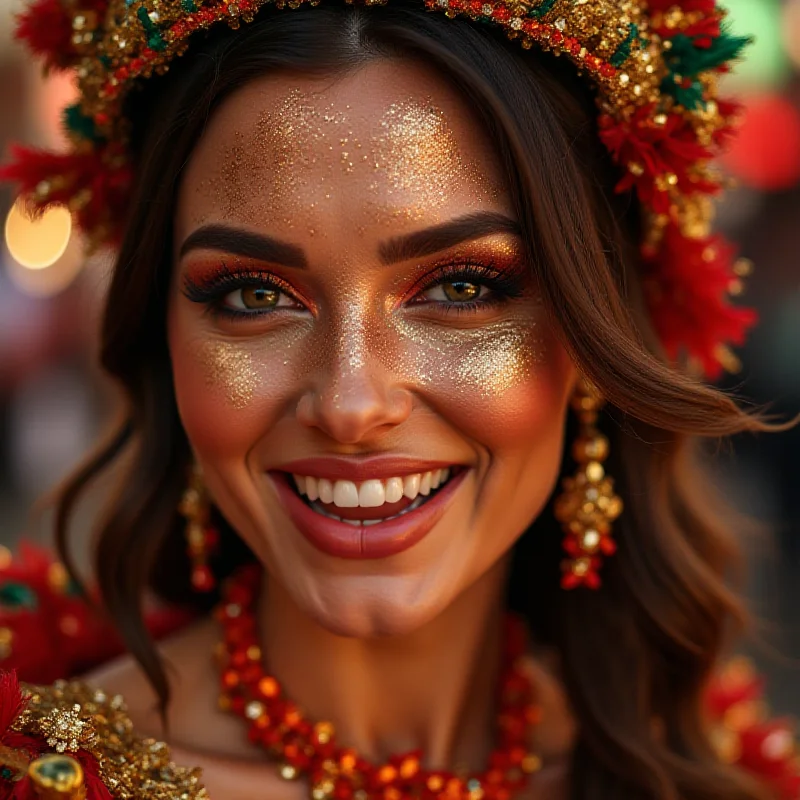 Close-up of Irina Shayk's face during her Carnival performance, showing her radiant smile and elaborate makeup.