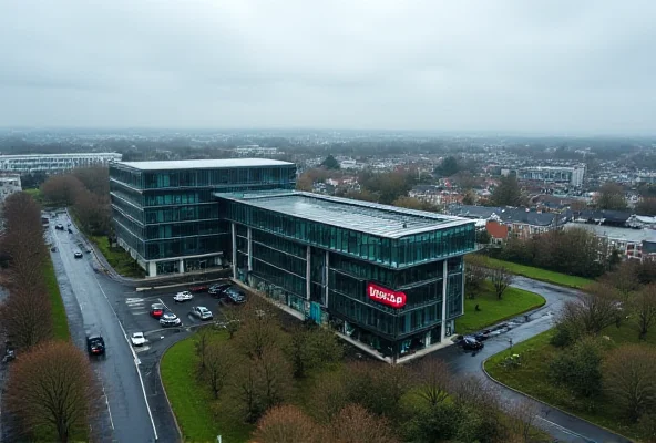 An aerial view of TikTok's European headquarters in Dublin, Ireland, with a cloudy sky above.