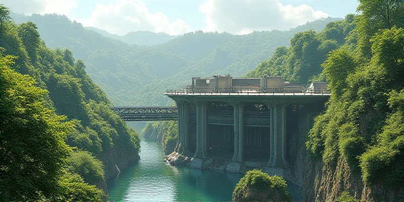 A futuristic rendering of the Silvermines Hydroelectric Energy Storage Project, showing the upper reservoir and power plant integrated into the landscape.