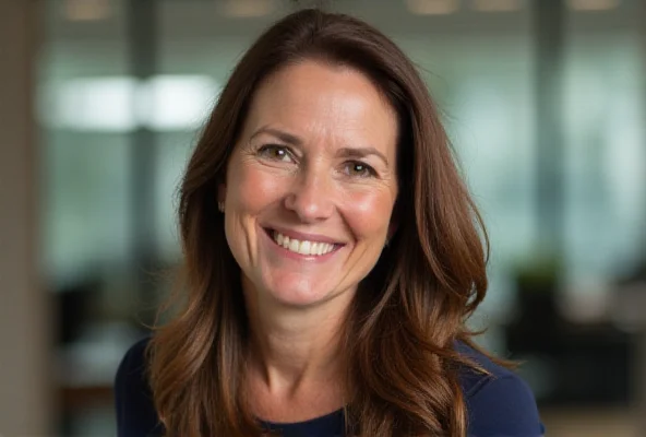 Melinda French Gates smiling during an interview. She is wearing a professional outfit and has a confident expression.