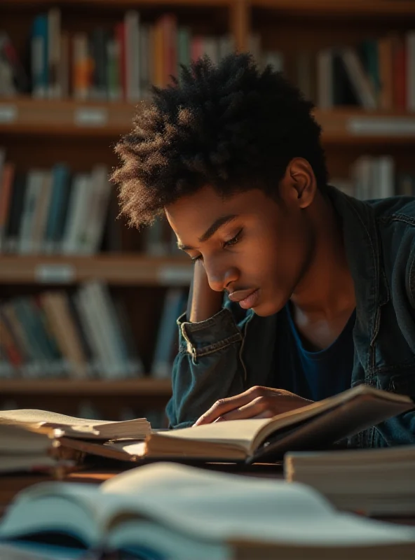 Close-up shot of a student studying in a library with books and laptop.