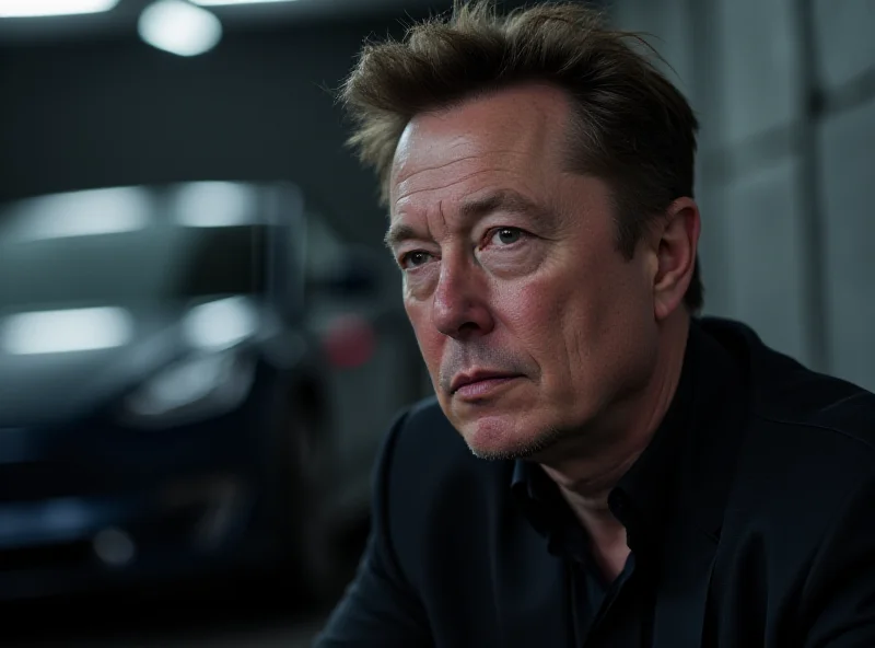 Elon Musk looking contemplative with a Tesla car blurred in the background.