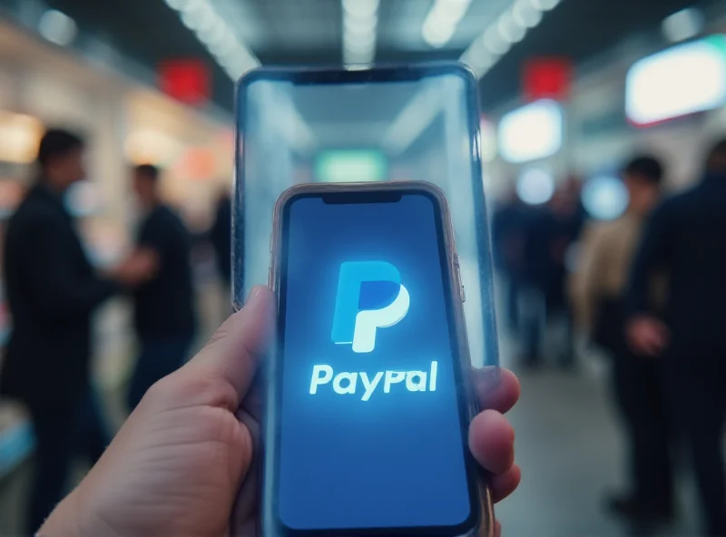 Close-up of a smartphone displaying the PayPal logo with a blurred background of people making transactions.