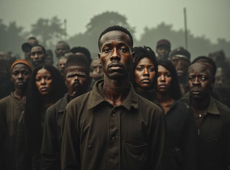 A diverse group of people looking concerned and thoughtful, set against a backdrop of subtle, abstract representations of global issues like climate change, conflict, and economic inequality.