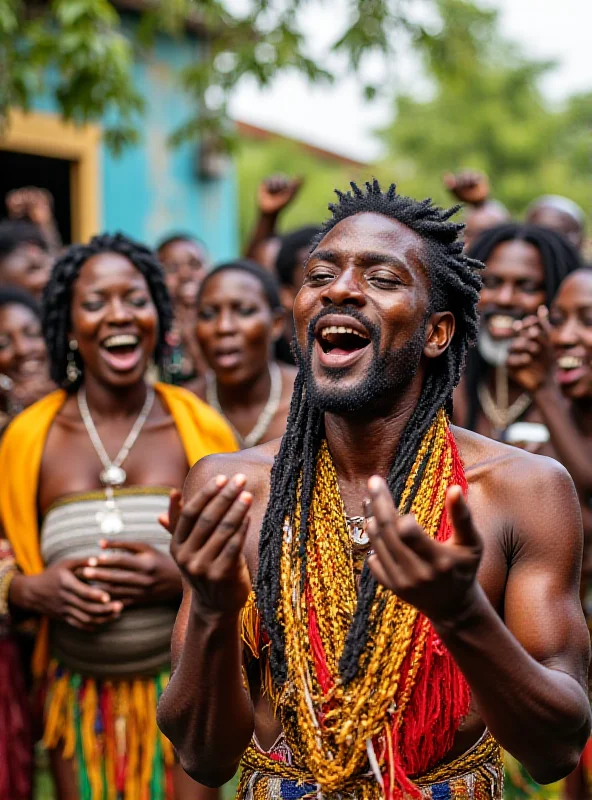 A group of Garifuna people in Guatemala, gathered together, some playing traditional instruments, others singing and dancing, all with expressions of joy and determination on their faces. The scene is vibrant and colorful, showcasing the richness of Garifuna culture.