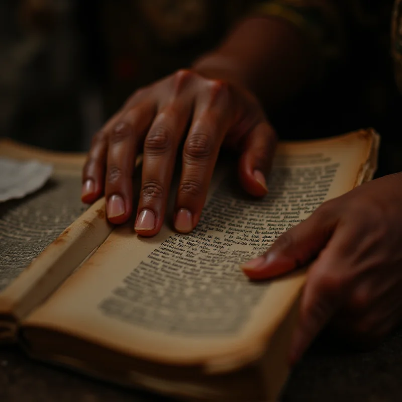 Close-up shot of an old, worn book in the Garifuna language, with the hands of an elderly Garifuna woman gently turning the pages. The background is blurred, emphasizing the book and the woman's hands as the focal point.