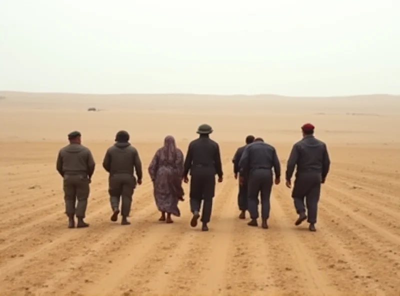 A group of people being escorted by officials in a desert landscape, symbolizing the repatriation of individuals from Syria.