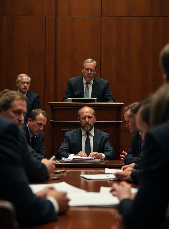 A courtroom scene with lawyers, defendants, and a judge, representing the trial of ISIS jailers.